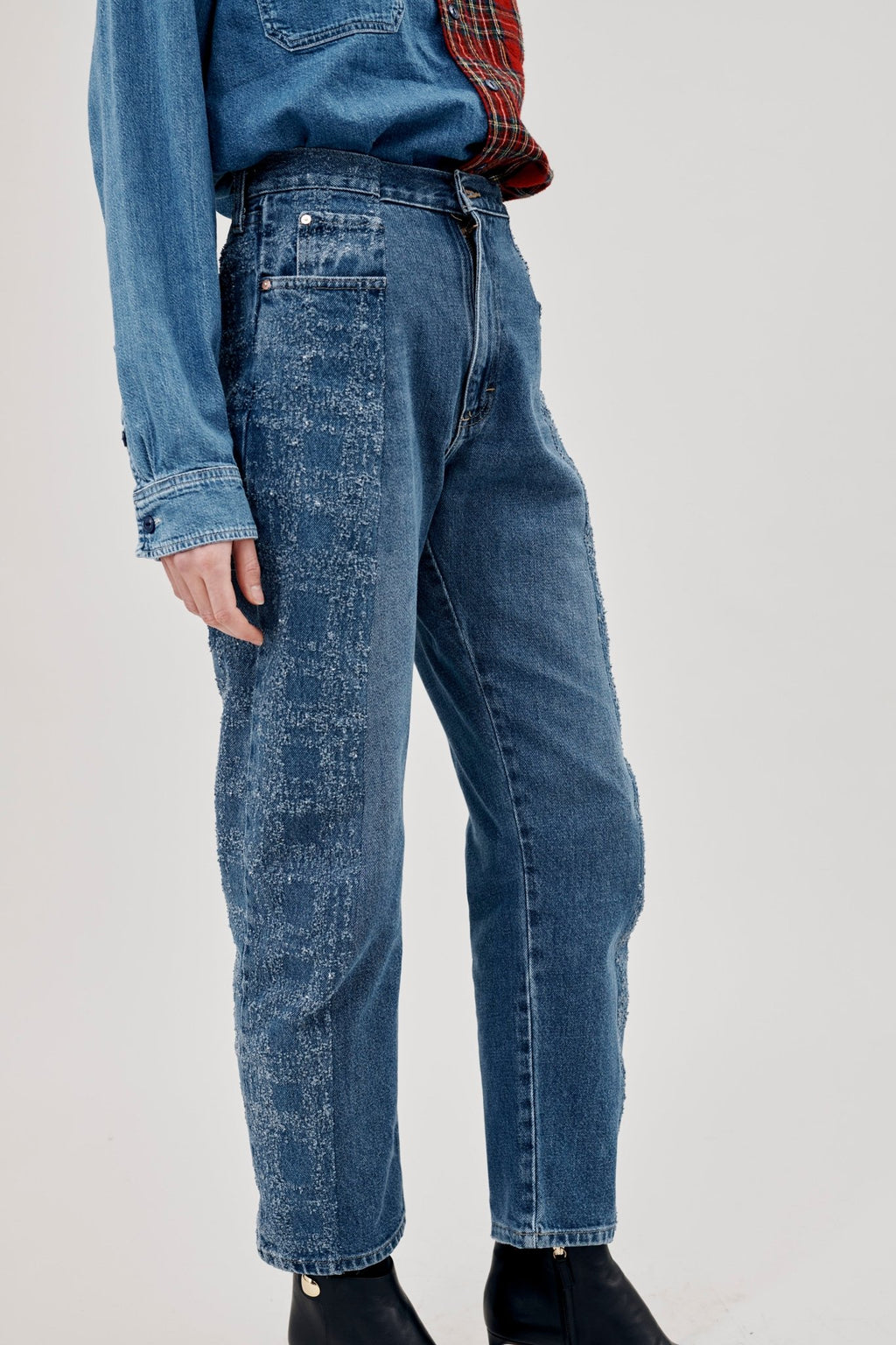 Boyfriend Jean Tartan Etched Mid Blue - ELV Denim
