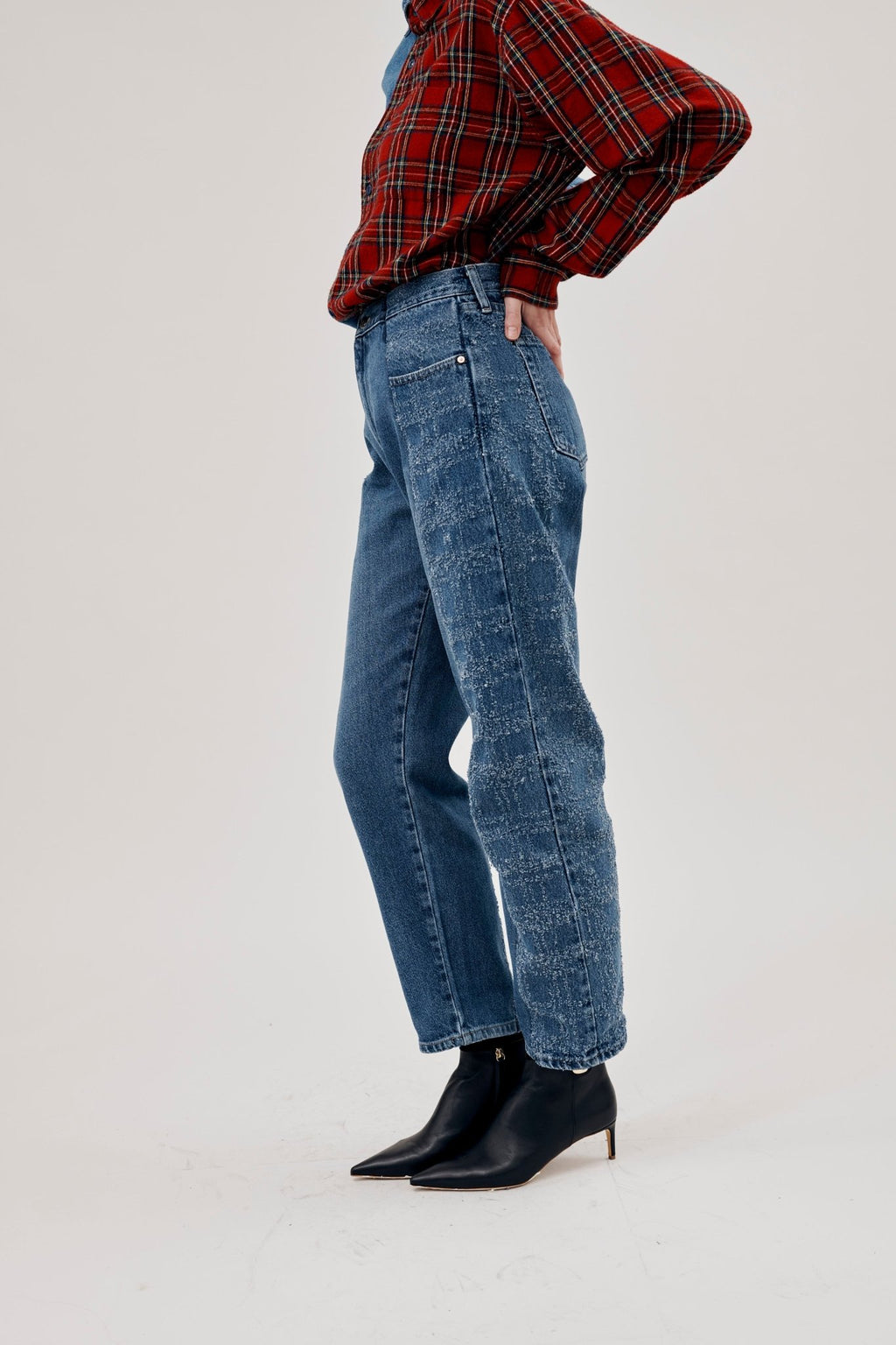 Boyfriend Jean Tartan Etched Mid Blue - ELV Denim