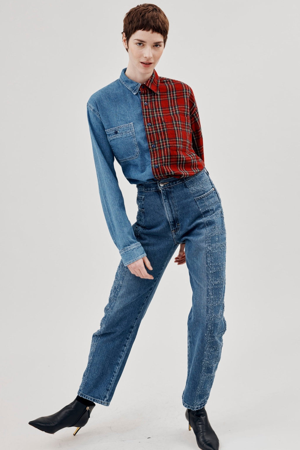 Boyfriend Jean Tartan Etched Mid Blue - ELV Denim