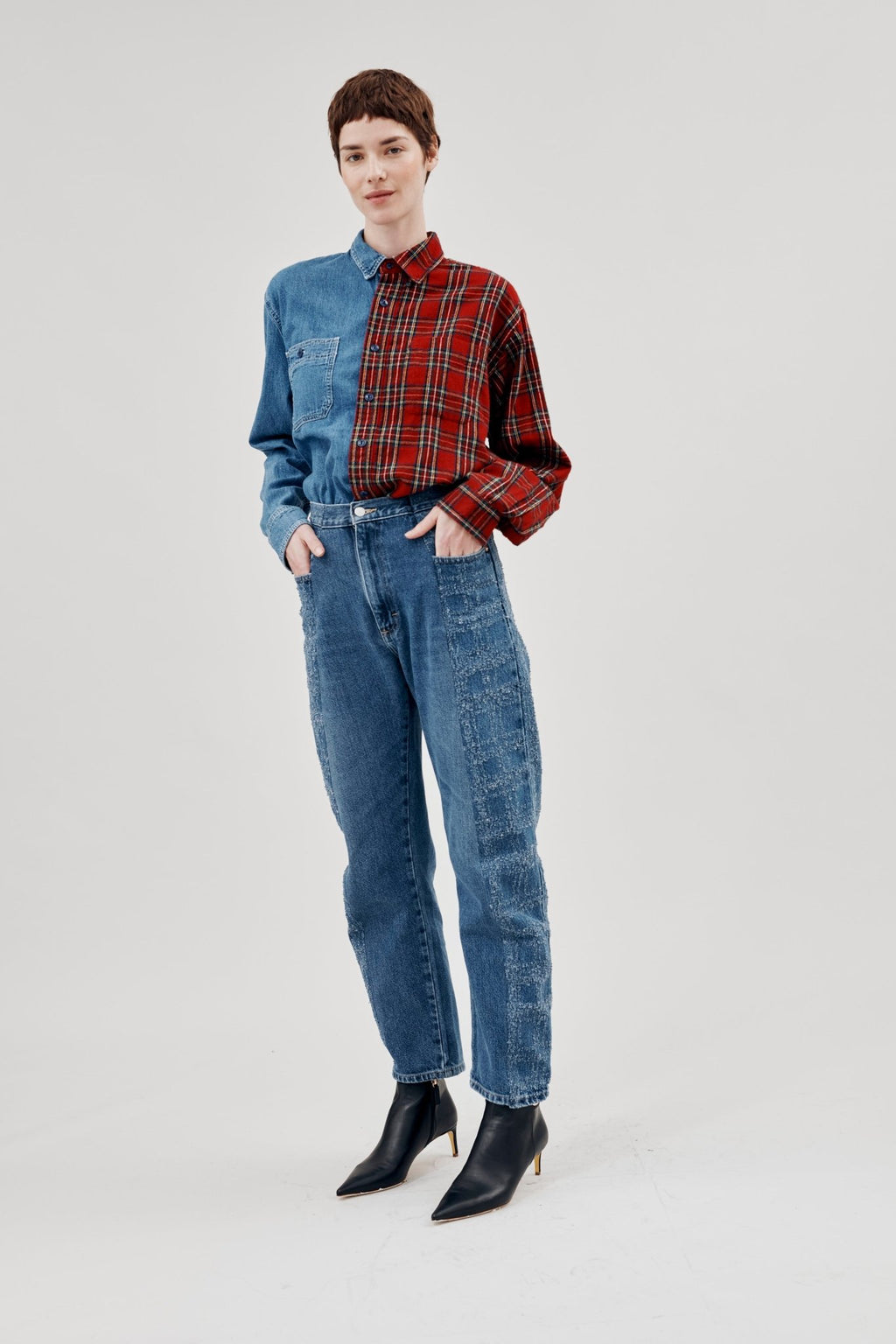 Boyfriend Jean Tartan Etched Mid Blue - ELV Denim