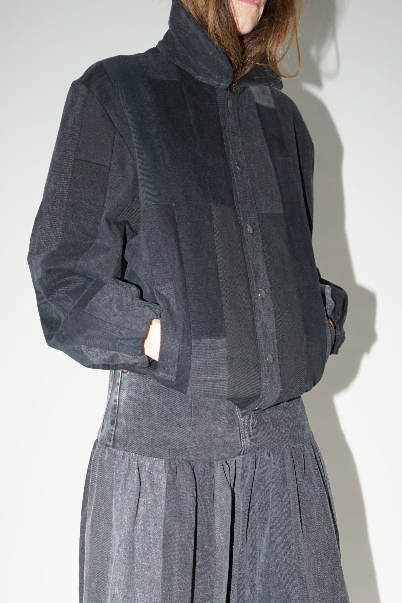 Kara Bomber Jacket Tessellated Denim Patchwork Black Grey - ELV Denim