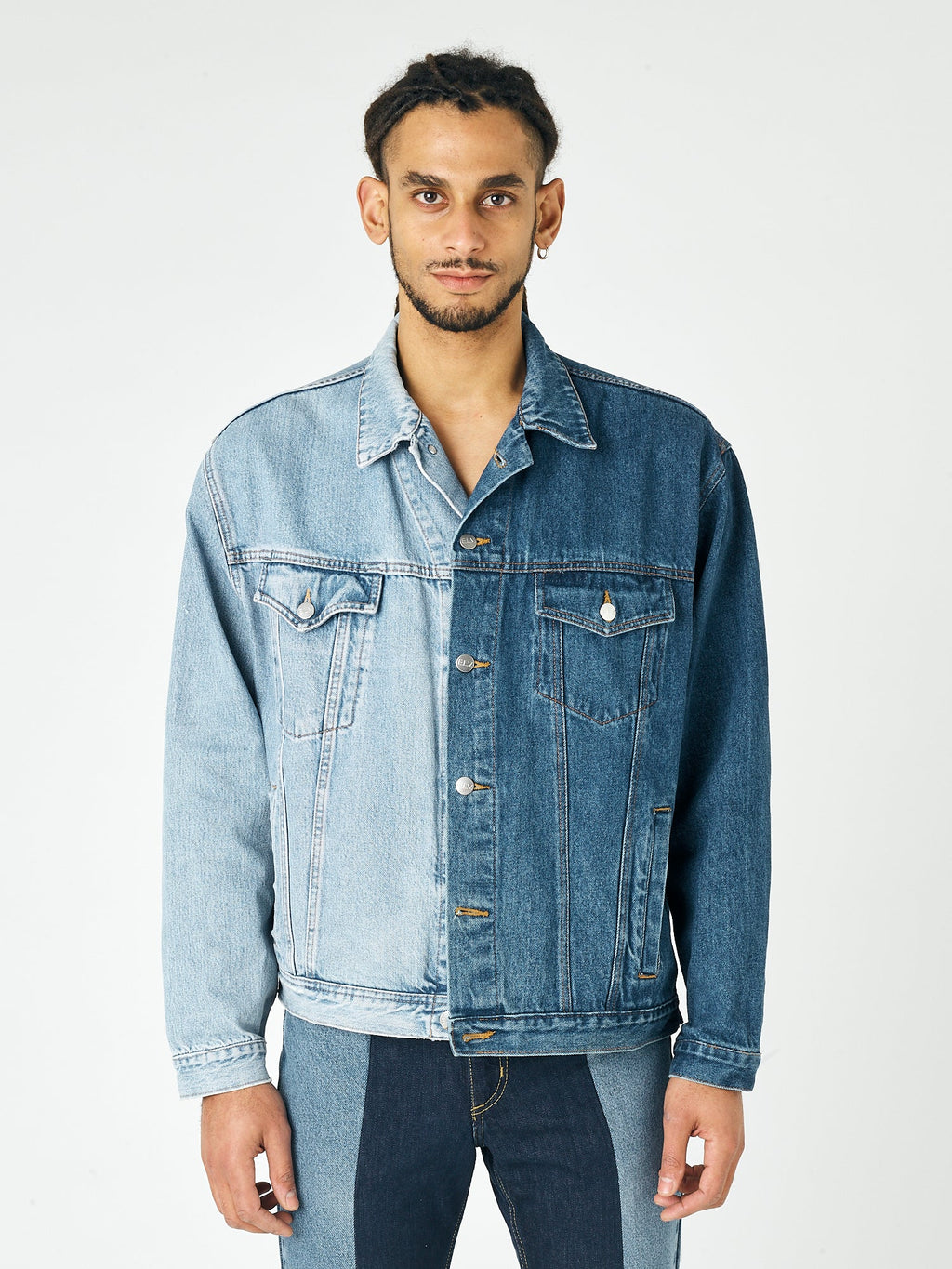 Mens Dark Light Blue Contrast Denim Jacket - E.L.V. Denim